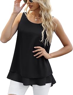 Jouica Women Sleeveless Chiffon Double Layer Blouse Casual Tunic Tank Top