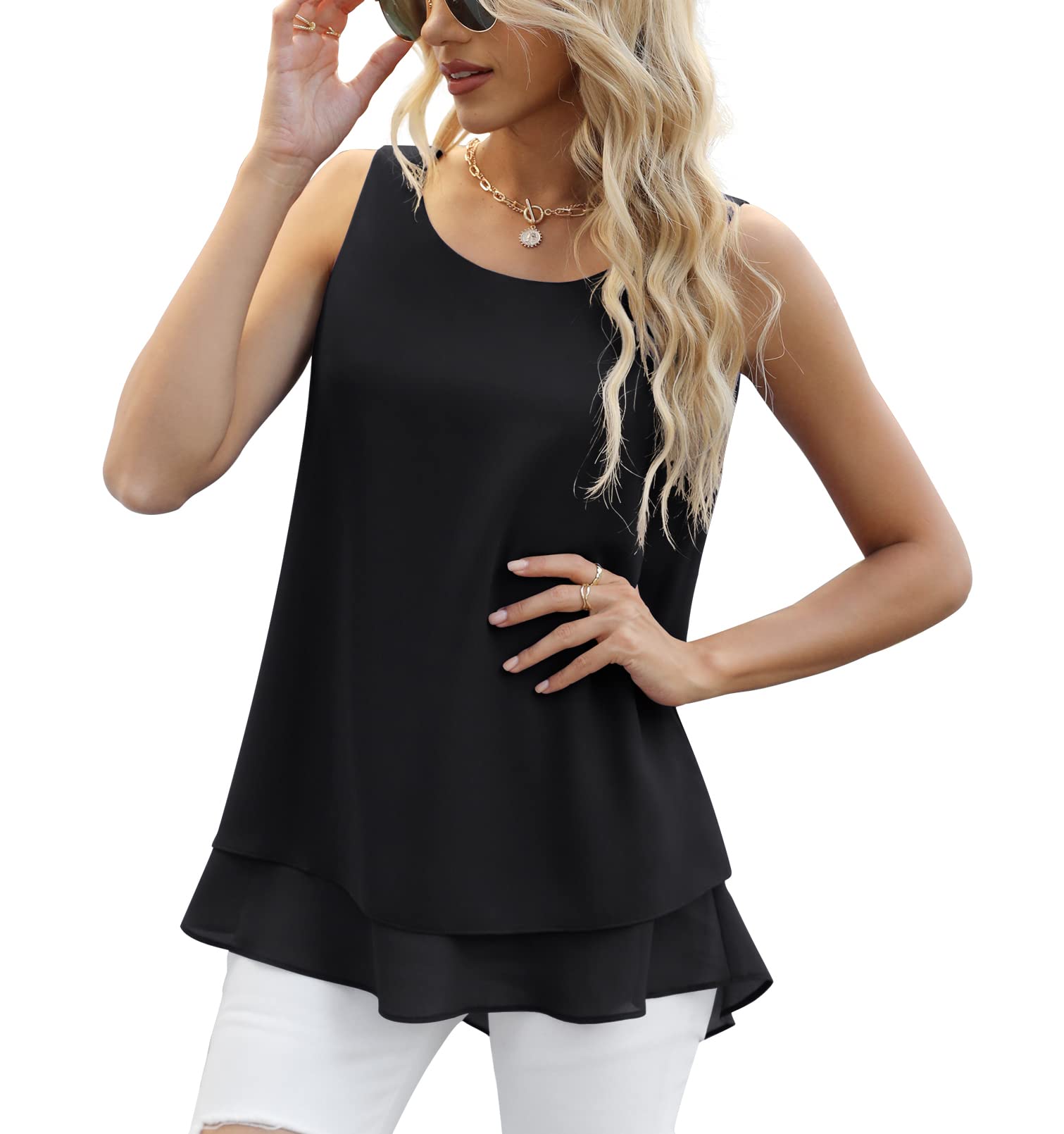 Jouica Women Sleeveless Chiffon Double Layer Blouse Casual Tunic Tank Top