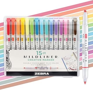 Zebra Pen MILDLINER No Bleed Highlighter, Assorted Colors, Dual Tip, 15-Pk | Broad and Fine Point Tip Marker Set, Ideal for Bible Highlighting, Journaling, School, Teacher & Office Supplies (78115)
