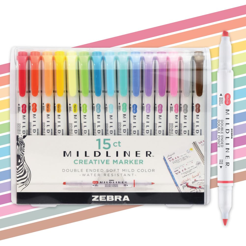 Zebra Pen MILDLINER No Bleed Highlighter, Assorted Colors, Dual Tip, 15-Pk | Bro