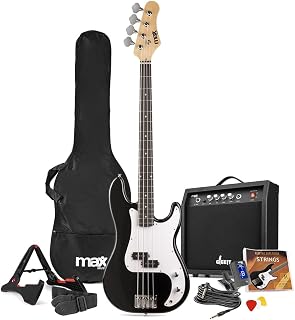Max GigKit Beginner Bass Guitar Starter Pack, 40W Amp, Black | Full-size electric bass, gig bag, strap, tuner, cable, 6-month online lessons