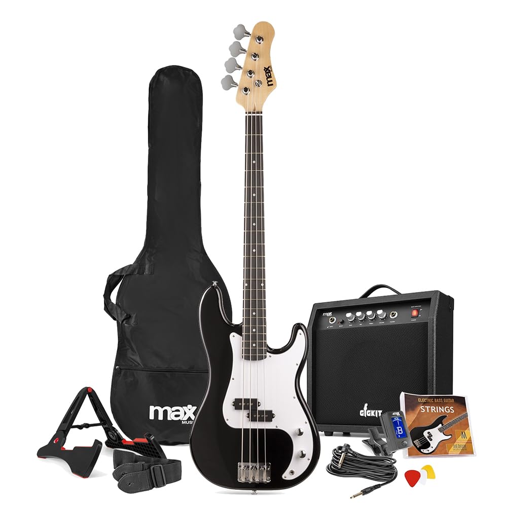 Max GigKit Beginner Bass Guitar Starter Pack, 40W Amp, Black | Full-size electri