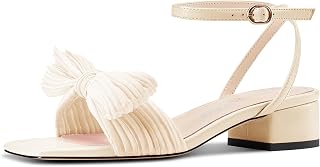 Castamere Women's Bow Tie Block Chunky Heel Sandals Square Toe Straps Ankle Buckle Wedding Dress Party Sandals 3.5CM