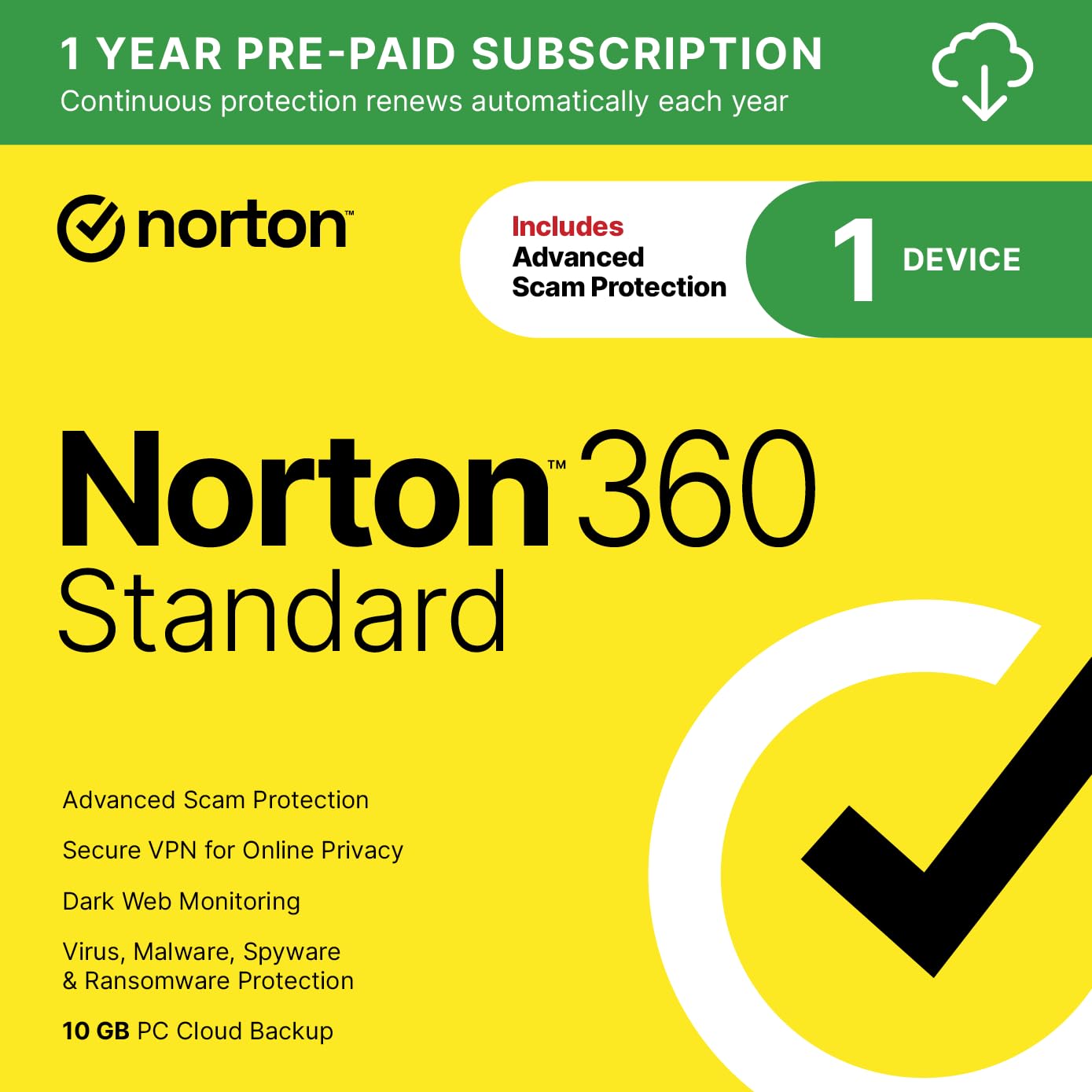 Norton 360 Standard 2027 Antivirus, 1 Device, Auto-Renews [Download] | Includes 