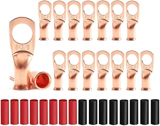 16Pcs 6 AWG 3/8" Stud Copper Ring Terminals Battery Cable Ends Wire Lugs with 16Pcs Heat Shrink Tubing 6 Gauge Heavy Duty Cable Lugs Bare Copper Eyelets Tubular Ring Terminal