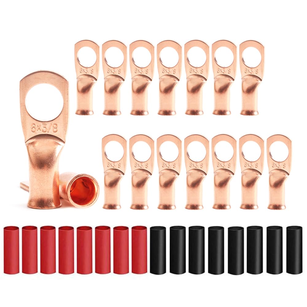 16Pcs 6 AWG 3/8" Stud Copper Ring Terminals Battery Cable Ends Wire Lugs with 16