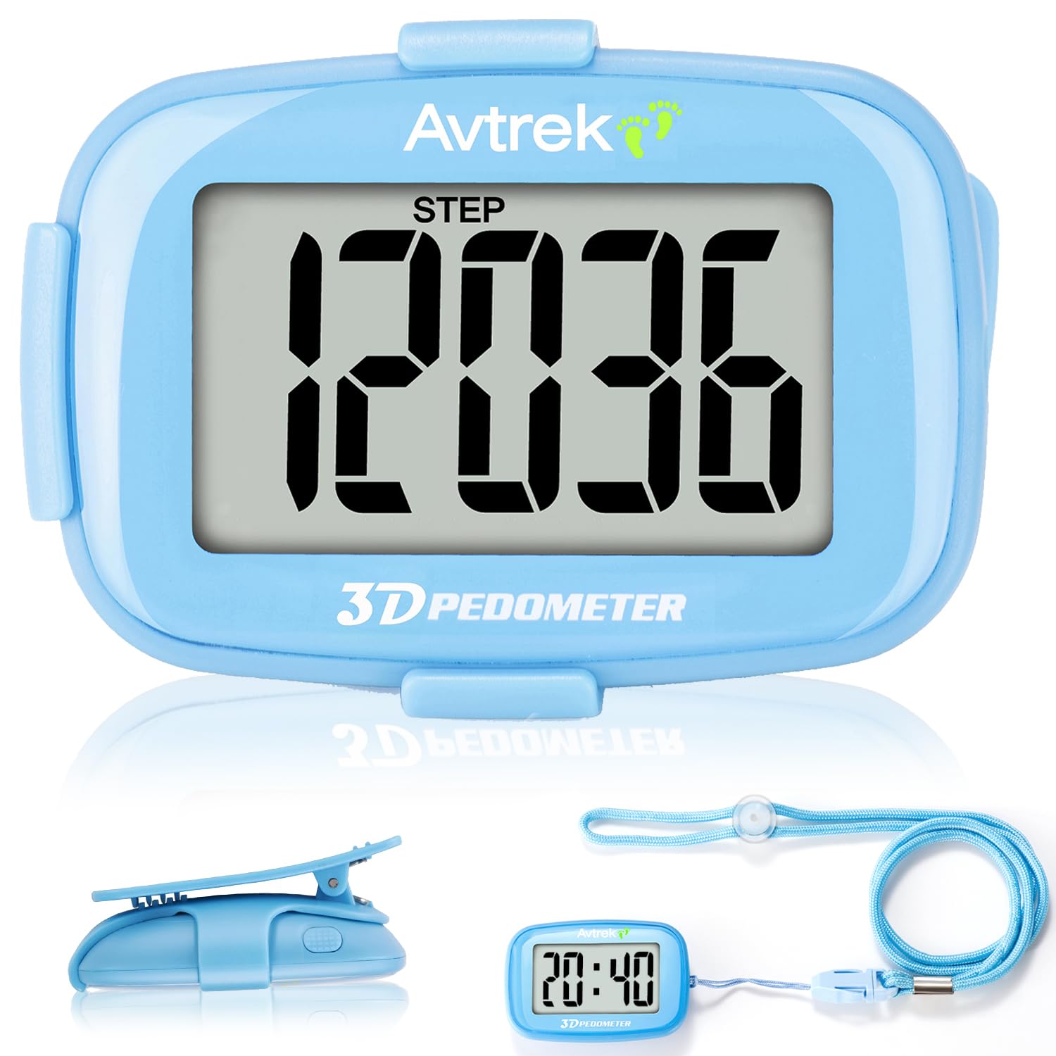 AVTREK Step Counter with Clip and Lanyard 3D Pedometer with Time Display
