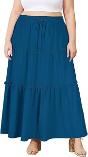 Moon Wood Jupe Longue Femme Ete Elastique Taille Haute Jupe Plissée avec Poches A-Ligne Maxi Skirt de Plage Grande Taille