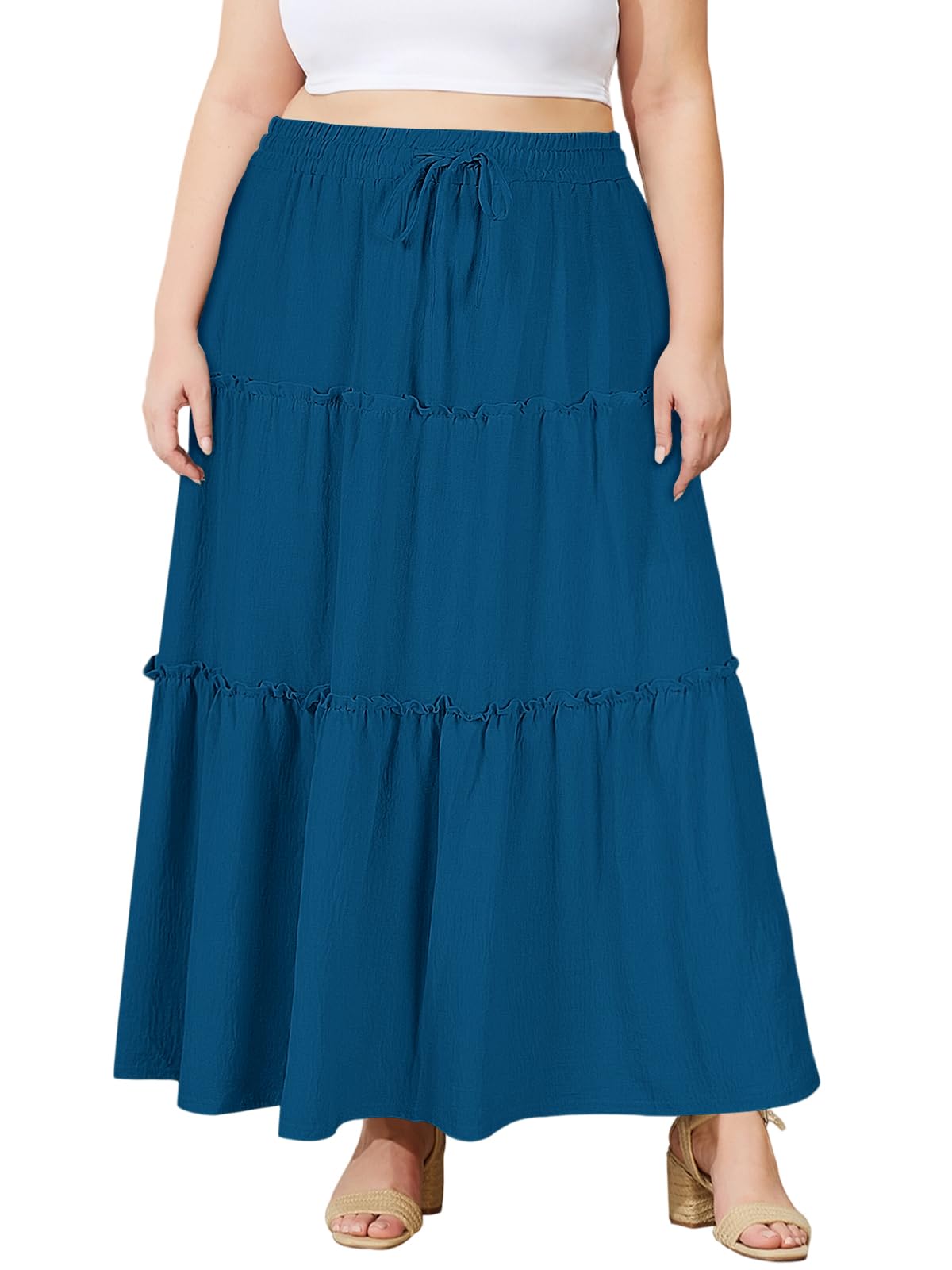 Moon Wood Jupe Longue Femme Ete Elastique Taille Haute Jupe Plissée avec Poches 