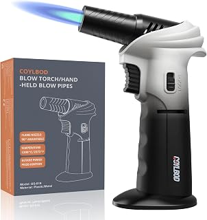 CoYlBod Butane Kitchen Torch, Safety Lock & 0‑90° Rotating Head for Baking | Refillable Torch, Adjustable Flame, Easy Single-Hand Use, Great For Creme Brulee, Soldering, DIY & Cigar Lighting