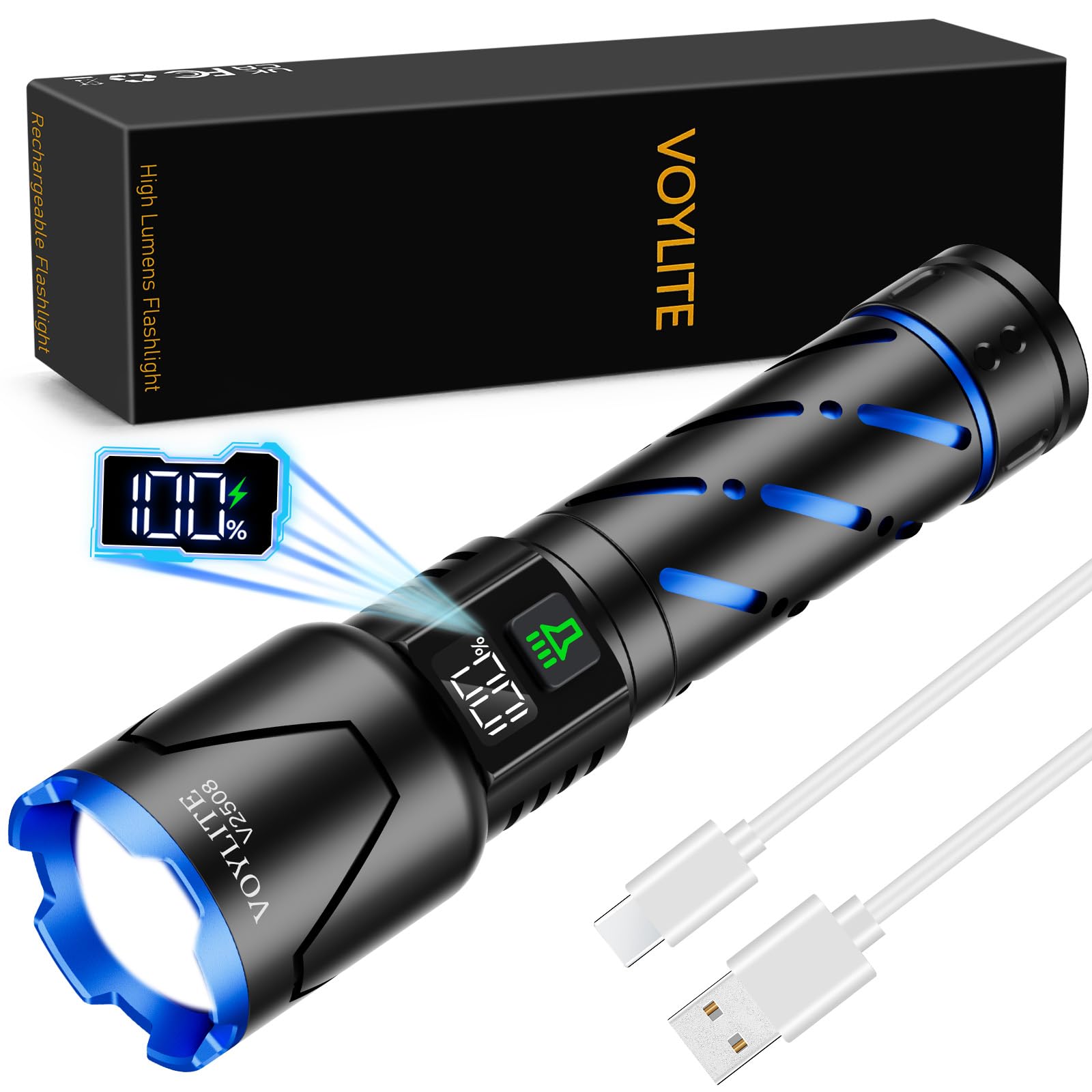 Voylite Torches LED Super Bright Rechargeable 1000000 Lumens | LCD Power Display