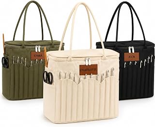 Canvas Yarn Storage Bag with Personalized Name Leather Patch, Large Canvas Yarn Bag for Crochet and Knitting, Crochet Organizer with Multiple Pockets &amp; Yarn Holes, Birthday Gift for Mom Grandma