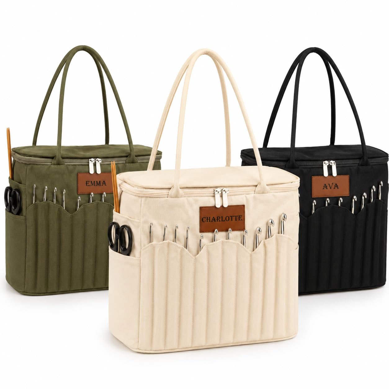 Canvas Yarn Storage Bag with Personalized Name Leather Patch, Large Canvas Yarn 