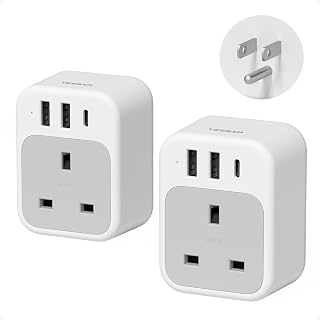 TESSAN UK to US Plug Adaptor 2 Pack, Type B USA Travel Adapter with USB C | 4 in 1 Thailand Travel Adaptor with USB C and 2 USB A, American Plug Adapter from UK to Mexico, Canada, Bahamas (Type B)