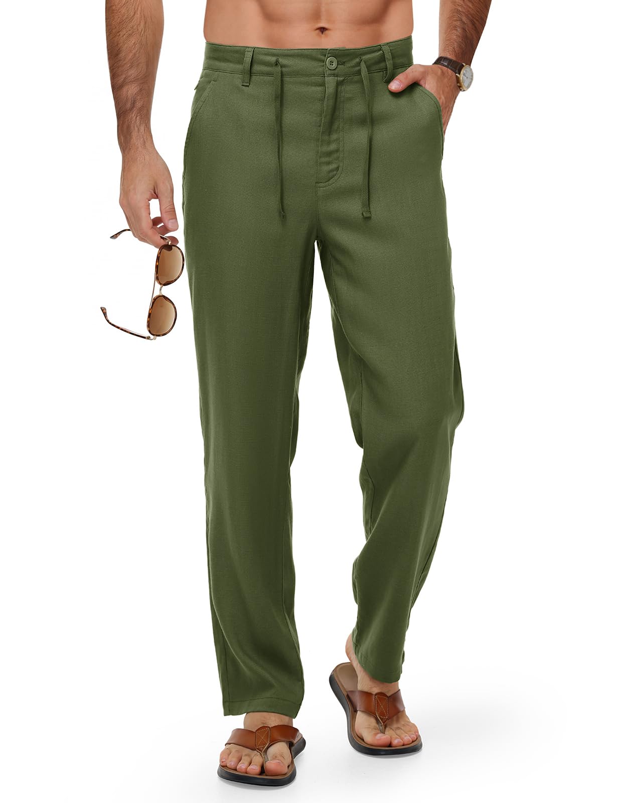TBMPOY Men's Linen Pants Casual Travel 5 Pockets Lightweight Breathable Dress Pa