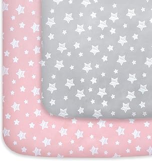 Pack and Play Sheets Girl, Mini Crib Sheets, Stretchy Playard Fitted Sheet | Compatible with Graco Pack n Play, Soft and Breathable Material, Grey & Pink