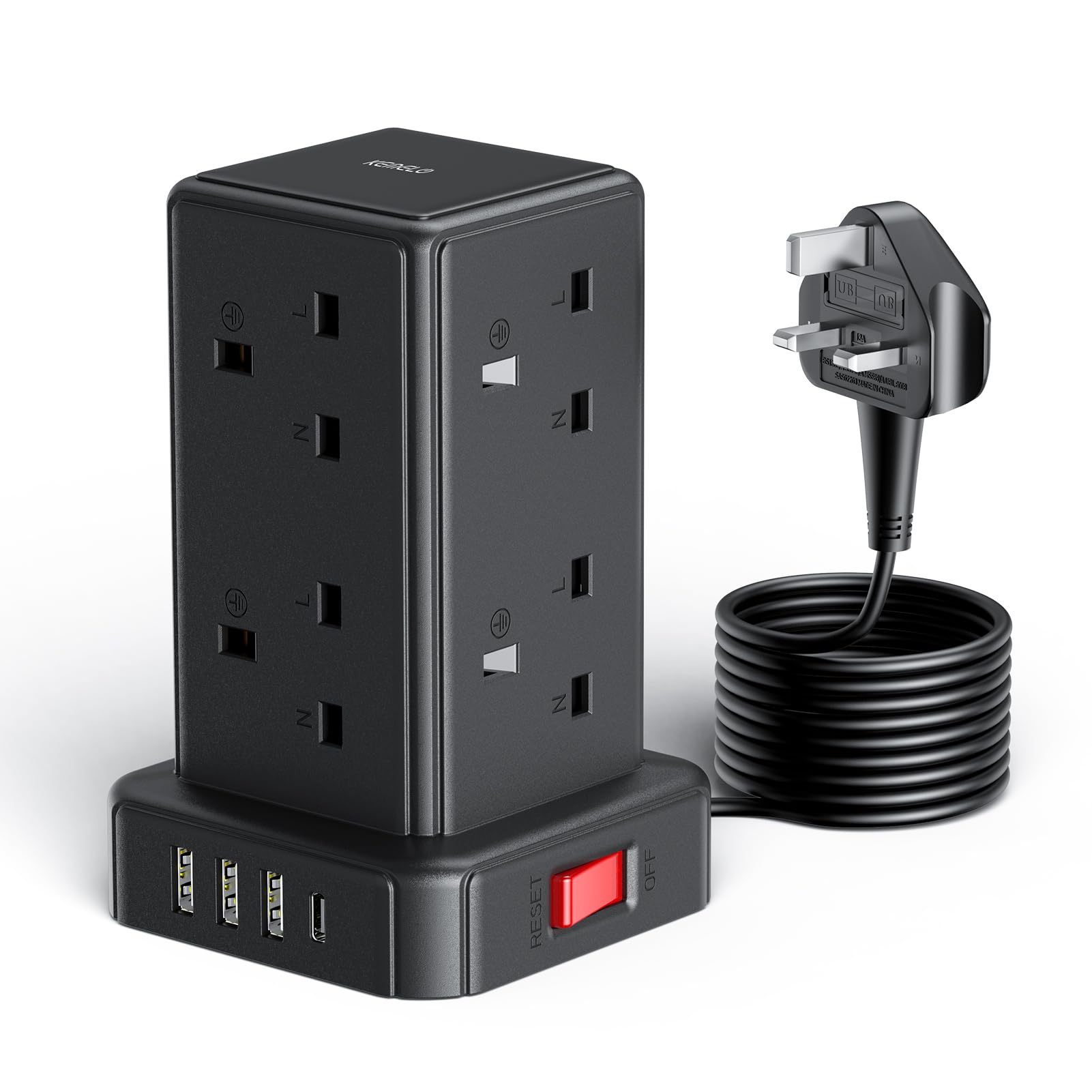 Kemelo Tower Extension Lead with 8 Way Multi Plug & 4 USB Ports (13A 3250W), Min