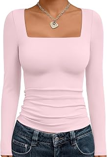 Trendy Queen Womens Long Sleeve Shirts Going Out Basic Crop Tops Fashion Y2k Workout Clothes Square Neck Fall Outfits