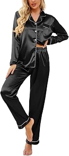Ekouaer Satin Pajamas for Women Long Sleeve Pajamas Set Button Down Sleepwear V Neck Sleepwear Two-Piece Sets Home Suit