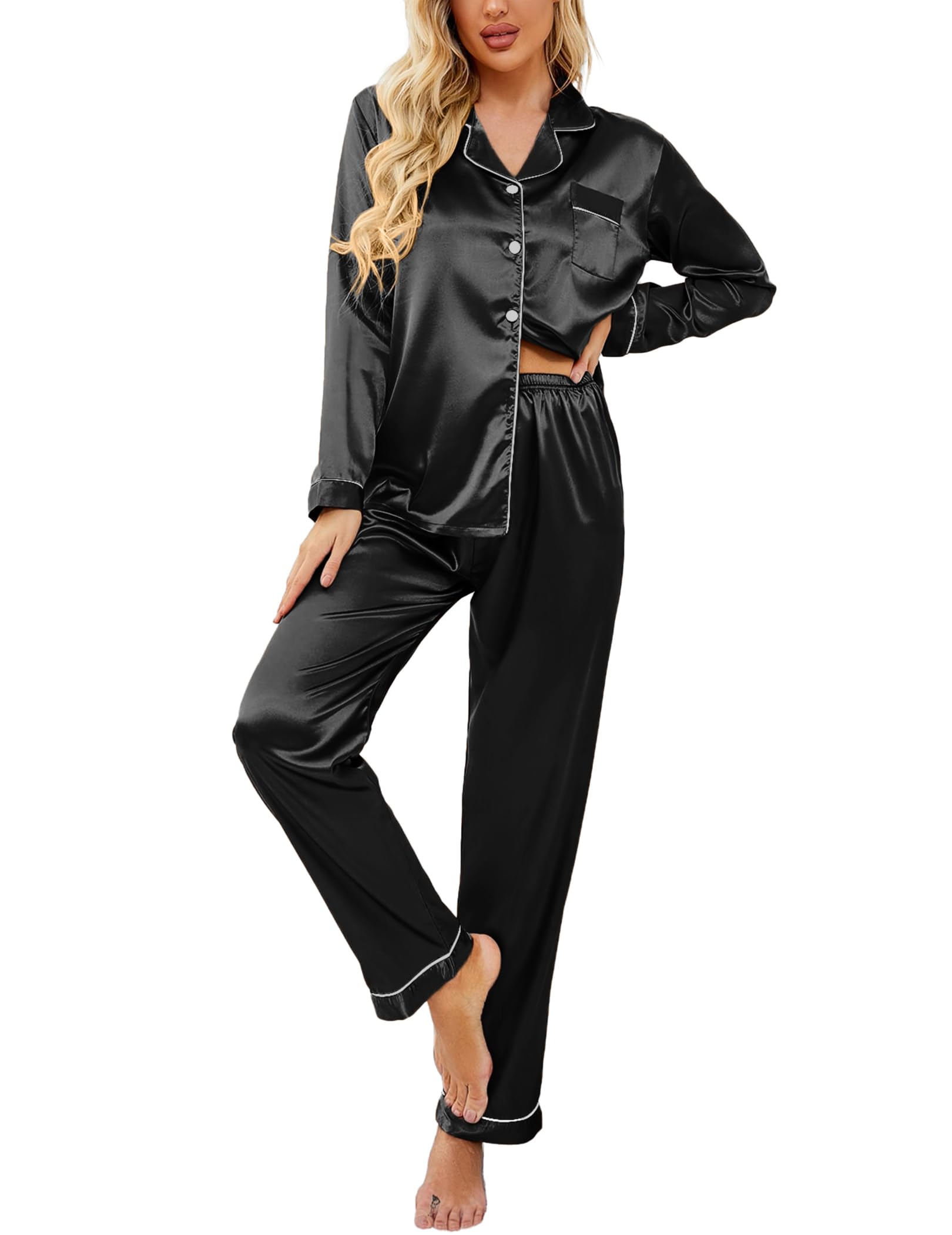Ekouaer Satin Pajamas for Women Long Sleeve Pajamas Set Button Down Sleepwear V 