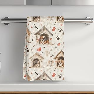 Dog Kitchen Towel 14 x 24 Inches Reusable Absorbent Waffle Weave Cute Dog Paw Dish Tea Towel for Cleaning Cooking Baking Heart Shaped Home Kitchen Decor Thanksgiving Gift Women Mom