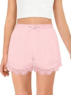Haloumoning Pantaloncini da bambina con bordo in pizzo carino elastico in vita mini pantaloncini con tasche 5-14 anni