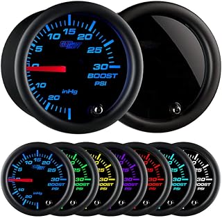 GlowShift Tinted 7 Color 30 PSI Turbo Boost Vac Gauge Kit, 2-1/16" 52mm | Includes Mechanical Hose, T-Fitting &amp; Wiring, Multi-Color Analog Display, Black Dial, Smoked Lens, For Car &amp; Truck