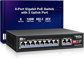 10 Port Gigabit PoE Switch with 8 Port PoE+ 1000Mbps, 2x1000Mbps Uplink, GiGaPlus 10 Port IEEE802.3af/at PoE @72W, Support VLAN, AI watchdog, Metal Housing, Desktop or Wall-Mount, Plug & Play
