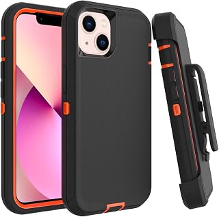 Case for iPhone 13 Mini with Clip, Heavy-Duty Tough Rugged Shockproof Drop Protective Cover Phone Cases, Black+Orange