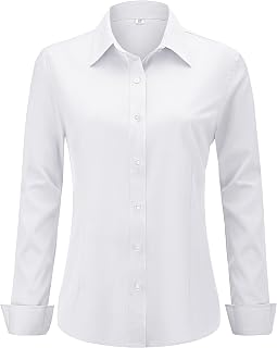 hearain Soft Wrinkle-Free Women's Button Down Dress Shirts Solid Long Sleeve Work Blouses Fit Stretch Casual Tops XXS-6XL
