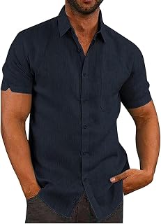 Friptspyg Men's Cotton Linen Shirt Short Sleeve Regular Fit Casual Summer Shirts with Pocket