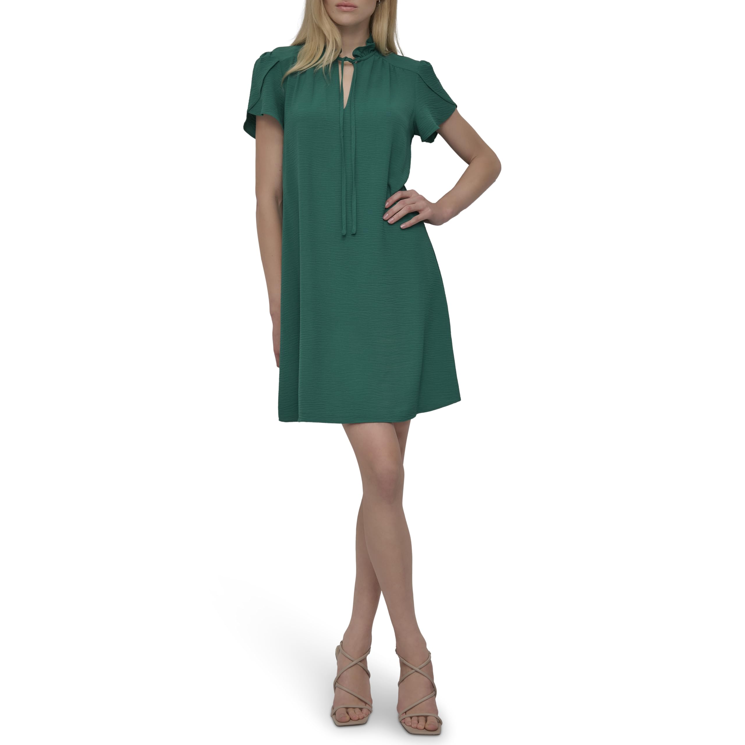DKNY Front Tie Ruffle Neckline Trapeze Dress for Women