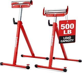 CRAFTZONE 2 Pack Folding Roller Stands for Woodworking Infeed | 27-43 in Adjustable Height, 500 lb Total Capacity, Steel Frame, Edge Guides