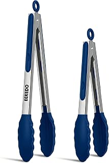 EEKEDO Tongs for Cooking, Stainless Steel Kitchen Tongs with Silicone Tips | 600ºF High Heat-Resistant, Non Scratch, Locking Tong for BBQ Grilling Air Fryer Food Salads, Set of 2 (9" and 12") Navy Blue