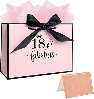 Nwvuop 11.0× 8.0× 4.0 Inches 18th Birthday Gift Bag for Girls, 18th Pink Paper Gift Bag with Tissue Paper and Card