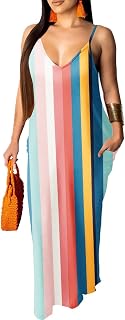 PerZeal Women Sexy Floor Length V Neck Adjustable Spaghetti Strap Sleeveless Colorful Summer Dress Plus Size