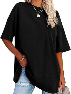 Womens Oversized Round Neck Short Sleeve Solid Color Loose Fit Casual Basic Tops Summer