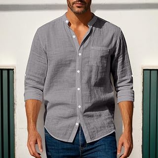 Men's Casual Long Sleeve Cotton Linen Shirt Lightweight Breathable Beach Wedding Shirt with Pocket