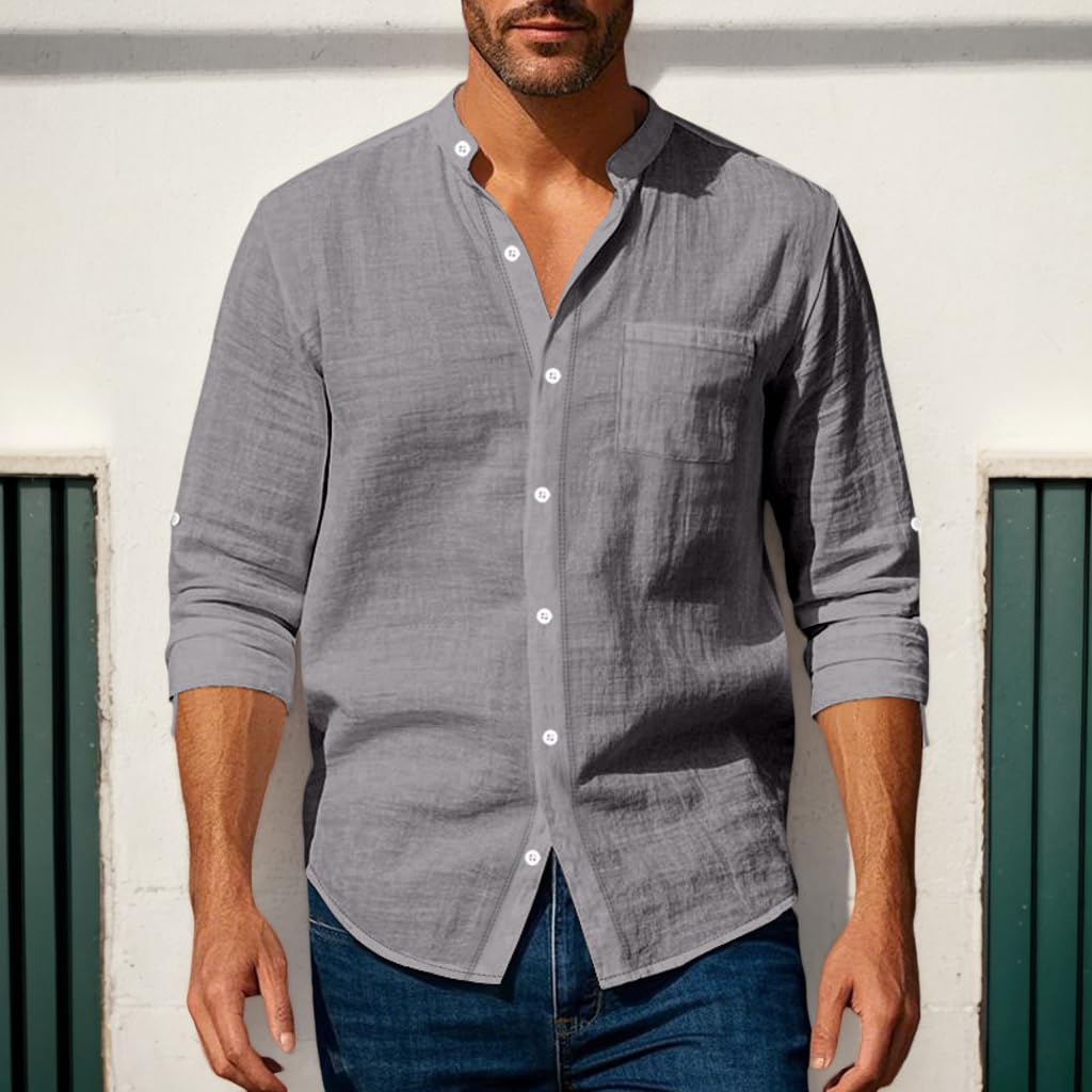 Men's Casual Long Sleeve Cotton Linen Shirt Lightweight Breathable Beach Wedding