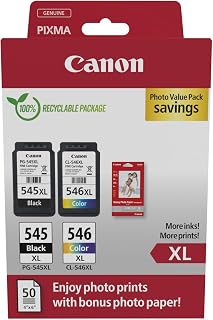 Canon PG-545XL + CL-546XL Genuine High Yield Ink Cartridges + Photo Paper | 15ml + 13ml Original high-yield ink plus photo paper - for PIXMA TS3350, TS3355, MG2550S, TS3150, TS3450, TR4550 and more!