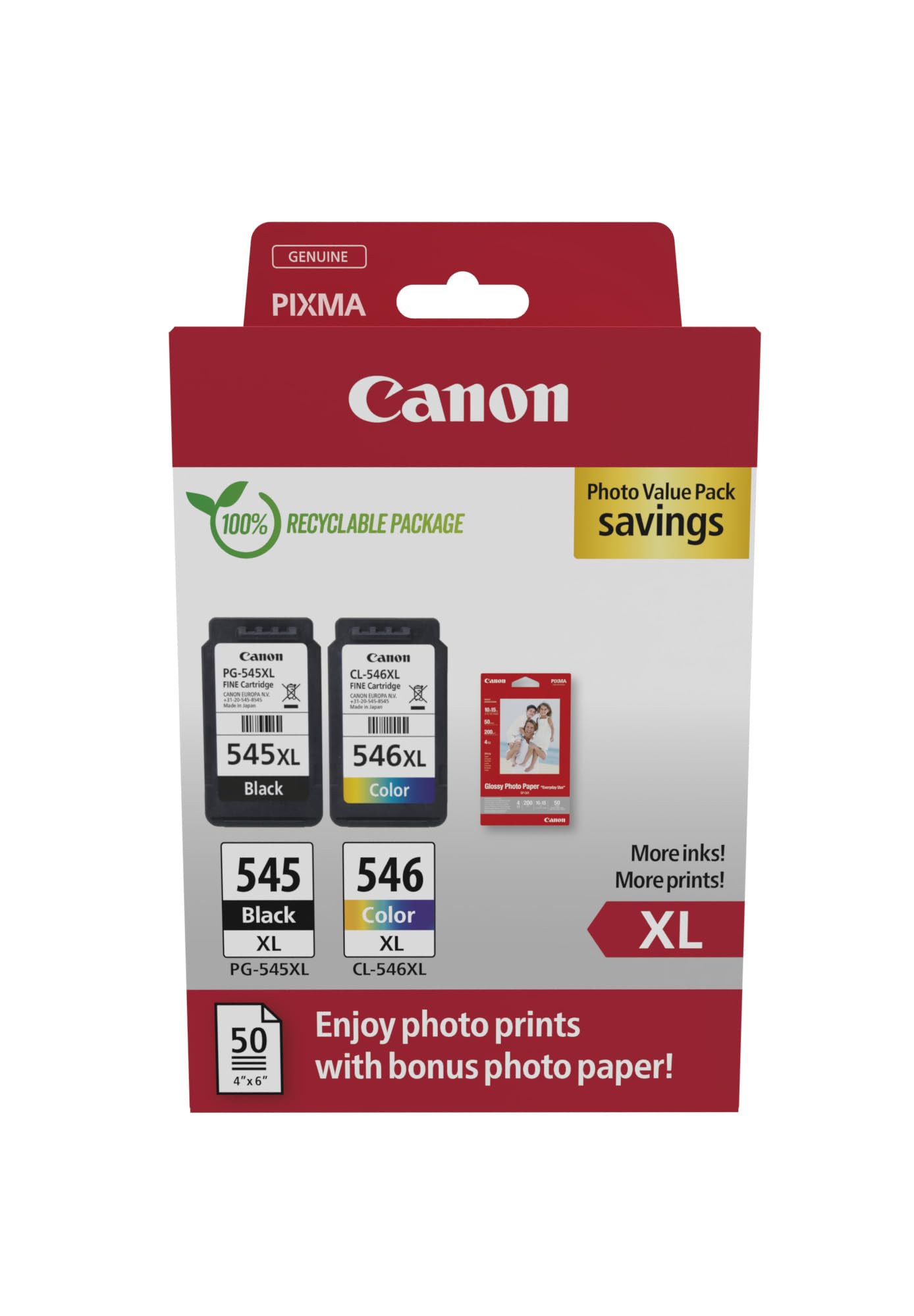 Canon PG-545XL + CL-546XL Genuine High Yield Ink Cartridges + Photo Paper | 15ml