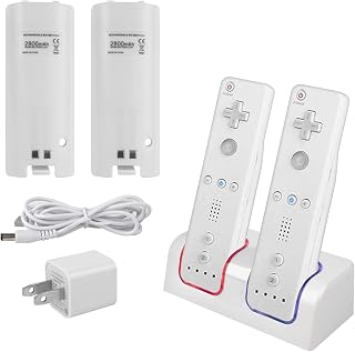 Kulannder Wii Remote Battery Charger(Free USB Wall Charger+Lengthened Cord) Dual Charging Station Dock with Two Rechargeable Capacity Increased Batteries for Wii U Game Remote Controller (White)