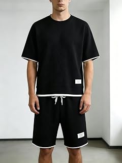 Men's Waffle Knit Lounge Set - 2 Piece Lounge Set - Short Sleeve Top and Drawstring Shorts for Casual, Sleep and Loungewear