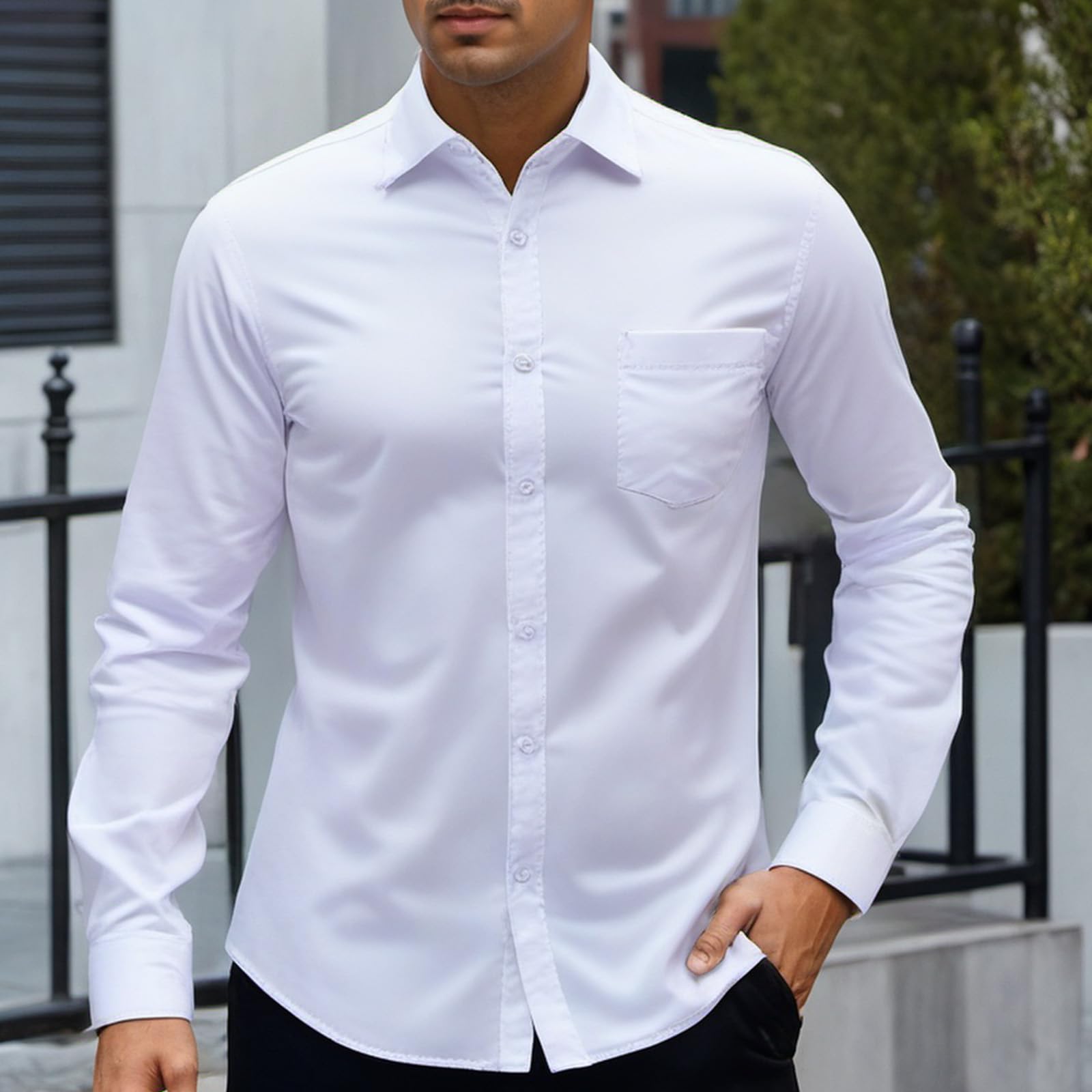 Mens Classic Fit Long Sleeve Button Down Shirt Collared Business Casual Shirt fo