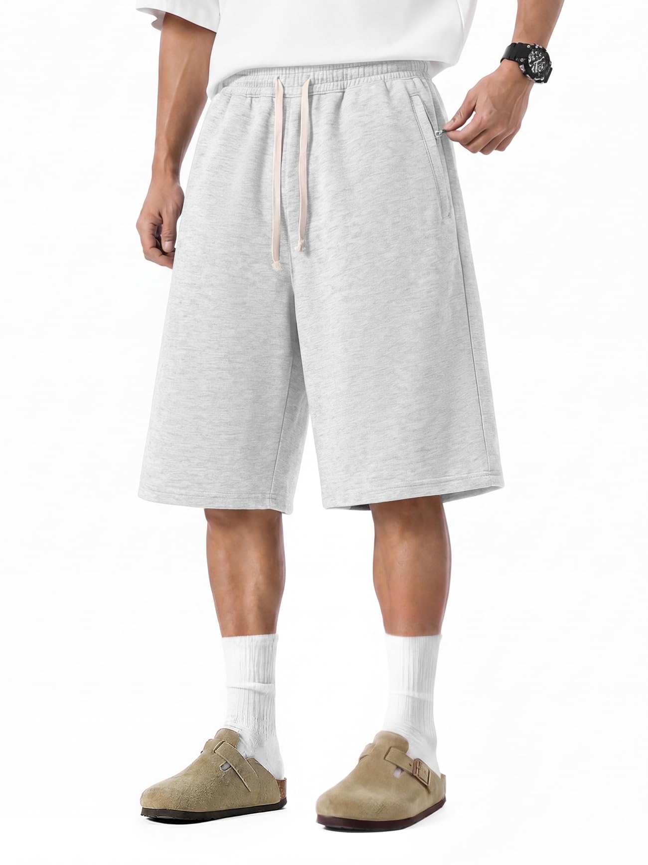 Mens Baggy Jogger Sweat Shorts Zipper Pockets Long Below Knee Cotton Wide Leg Gy