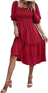 PRETTYGARDEN Women's Summer Casual Dresses 2026 Spring Puff Sleeve Square Neck A Line Flowy Boho Floral Smocked Midi Dress