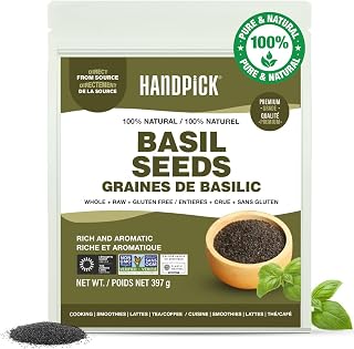 HANDPICK Holy Basil Seeds (397g) Sabja/Tukmaria, Non-GMO, Pure Grown | Edible & Prebiotic Basil Seeds |2x More Fiber than Chia |Raw Whole Seeds|For Drinks, Smoothies |Also suitable for Planting