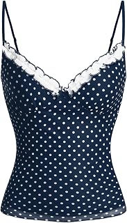 BEAUDRM Women's Polka Dots Cami Tops Coquette Mesh Lace Trim V Neck Ruffle Hem Camisole Spaghetti Strap Y2k Tops