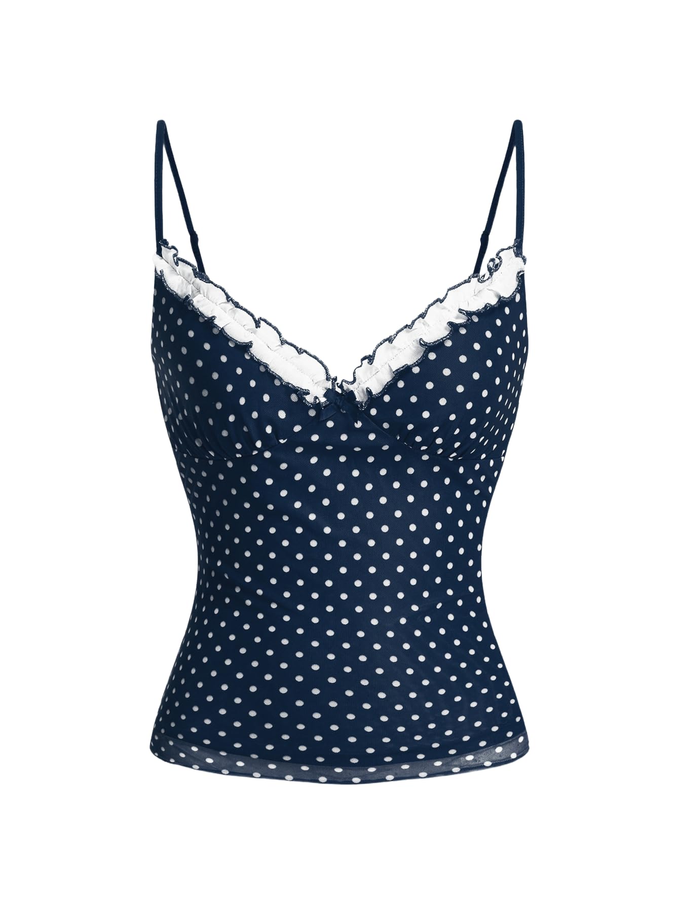BEAUDRM Women's Polka Dots Cami Tops Coquette Mesh Lace Trim V Neck Ruffle Hem C