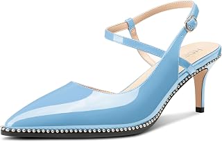 HDEUOLM Womens Mid Kitten Heel Pointed Toe Beaded Pumps Slingback Ankle Strap Buckle Prom Cute Patent Leather 2.6 Inches Heels